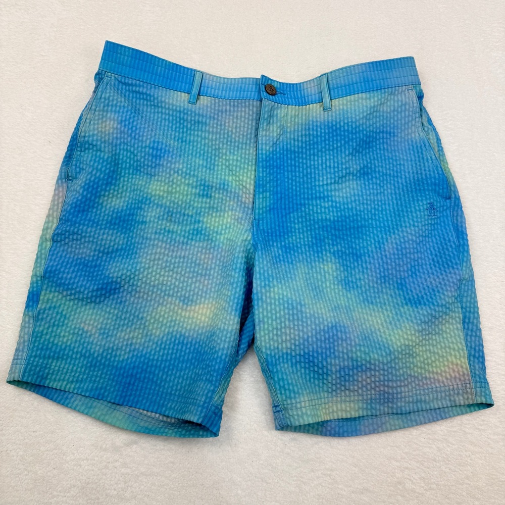Original Penguin Seersucker Shorts Mens 34‎ Blue Green Tie Dye Beach Summer